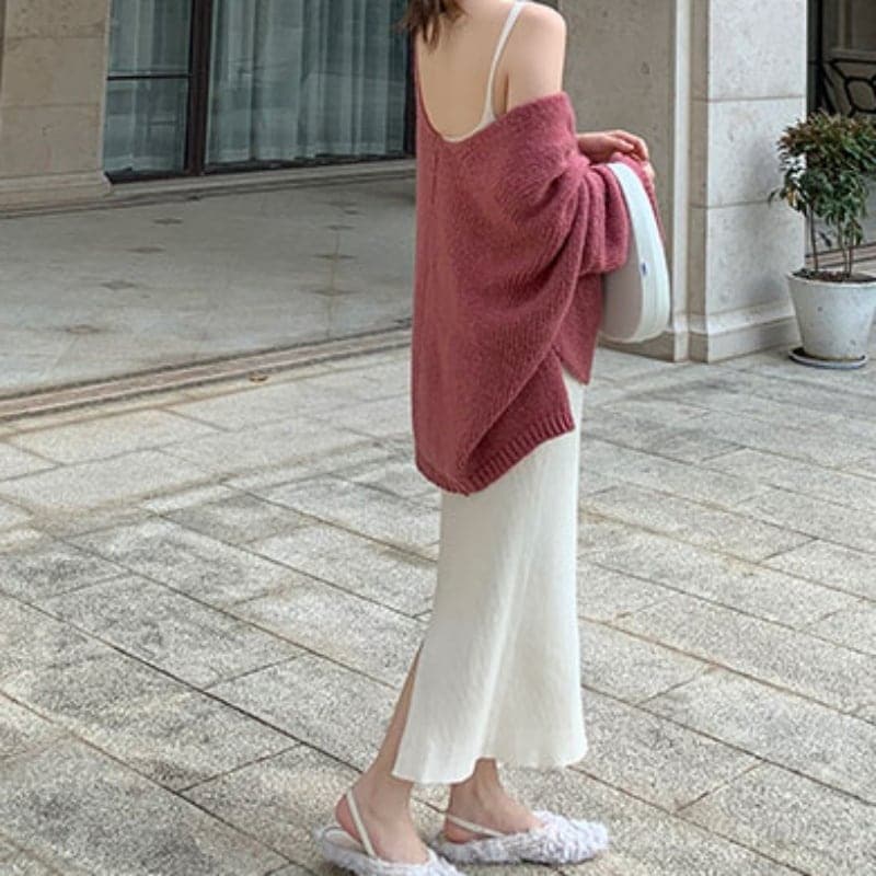 ２color ロングワンピース ニットワンピース キャミソール ニット Vネック