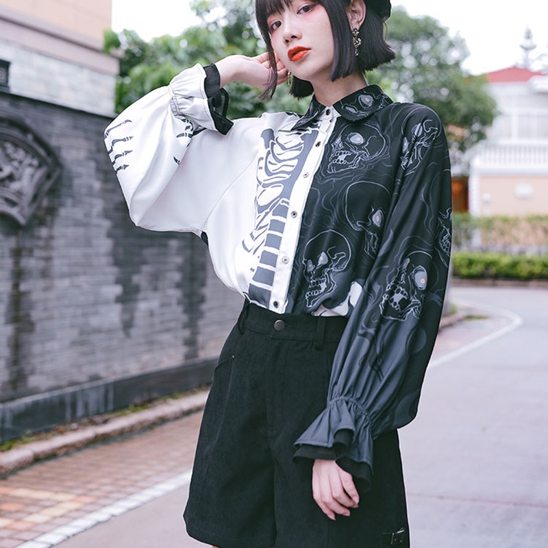 シャツ レディース 柄シャツ トップス ブラウス ランタンスリーブ オリジナル 個性的