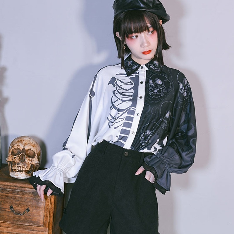 シャツ レディース 柄シャツ トップス ブラウス ランタンスリーブ オリジナル 個性的