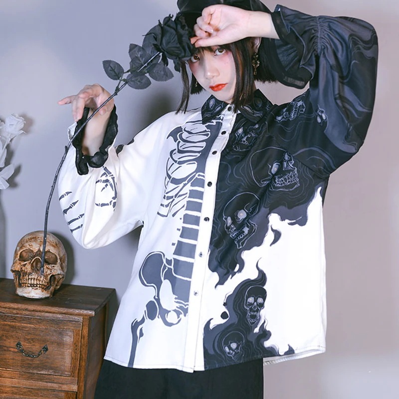 シャツ レディース 柄シャツ トップス ブラウス ランタンスリーブ オリジナル 個性的