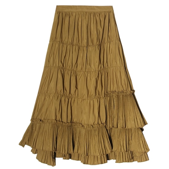 スカート レディース ミドル丈スカート 大きいサイズ ミドル丈 無地 カーキ ふんわり フリル ファッション 春 秋 スプリング オータム 着やせ 美脚 ハイウエスト Aラインスカート ボトムス エレ