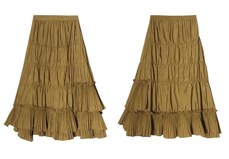 スカート レディース ミドル丈スカート 大きいサイズ ミドル丈 無地 カーキ ふんわり フリル ファッション 春 秋 スプリング オータム 着やせ 美脚 ハイウエスト Aラインスカート ボトムス エレ