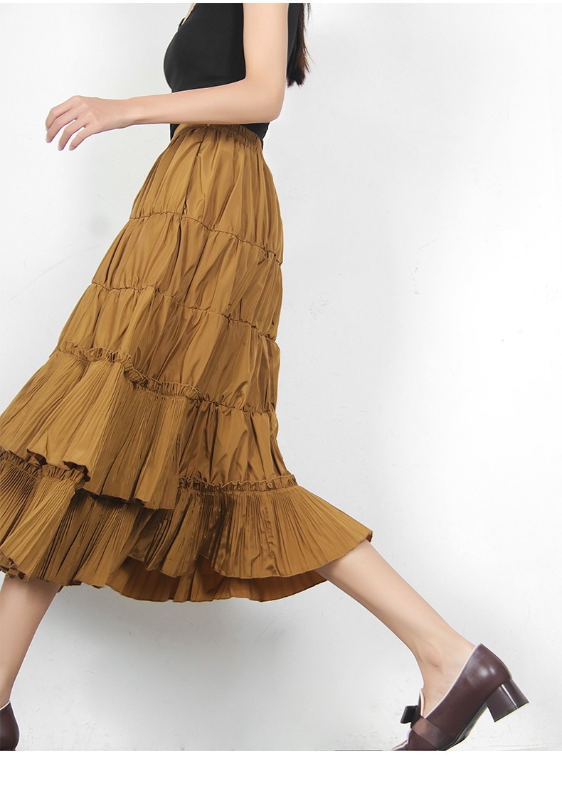 スカート レディース ミドル丈スカート 大きいサイズ ミドル丈 無地 カーキ ふんわり フリル ファッション 春 秋 スプリング オータム 着やせ 美脚 ハイウエスト Aラインスカート ボトムス エレ