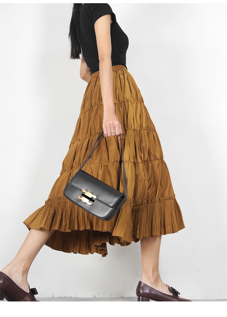 スカート レディース ミドル丈スカート 大きいサイズ ミドル丈 無地 カーキ ふんわり フリル ファッション 春 秋 スプリング オータム 着やせ 美脚 ハイウエスト Aラインスカート ボトムス エレ