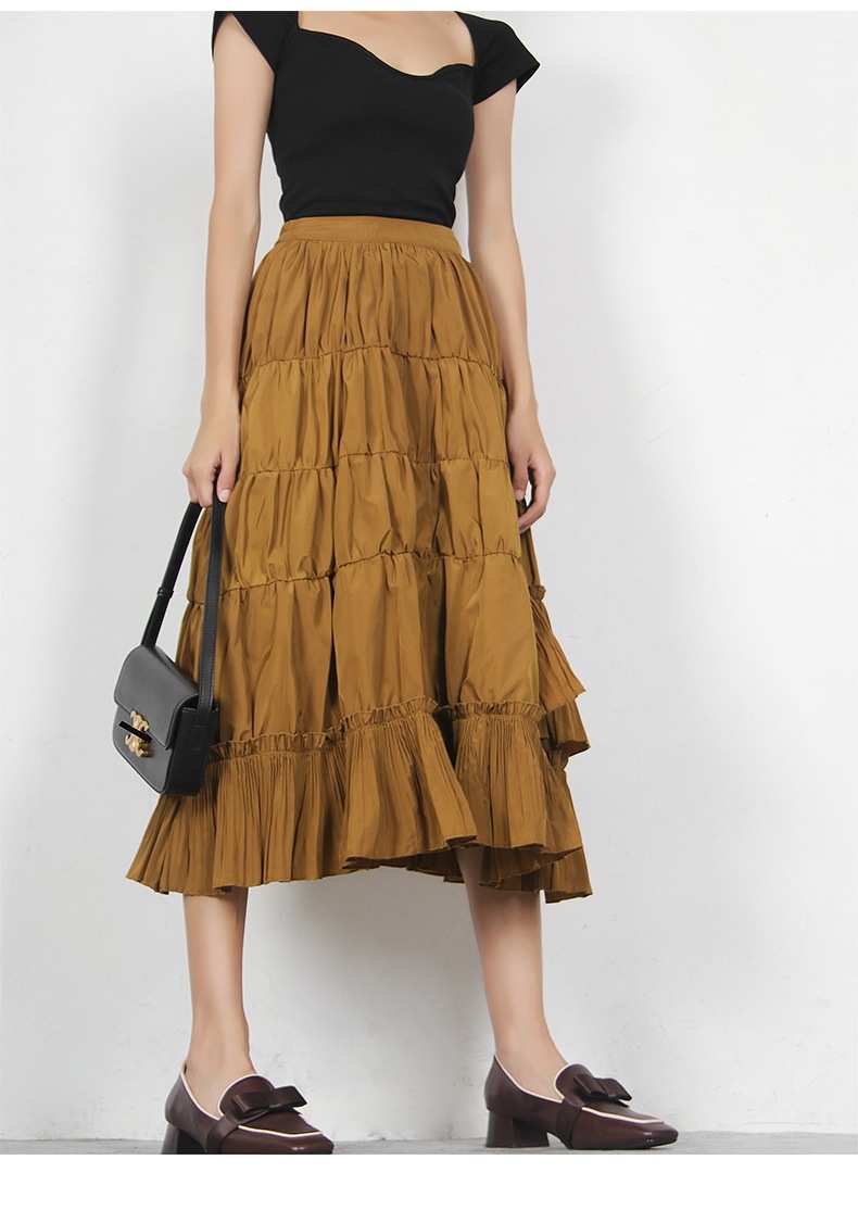 スカート レディース ミドル丈スカート 大きいサイズ ミドル丈 無地 カーキ ふんわり フリル ファッション 春 秋 スプリング オータム 着やせ 美脚 ハイウエスト Aラインスカート ボトムス エレ