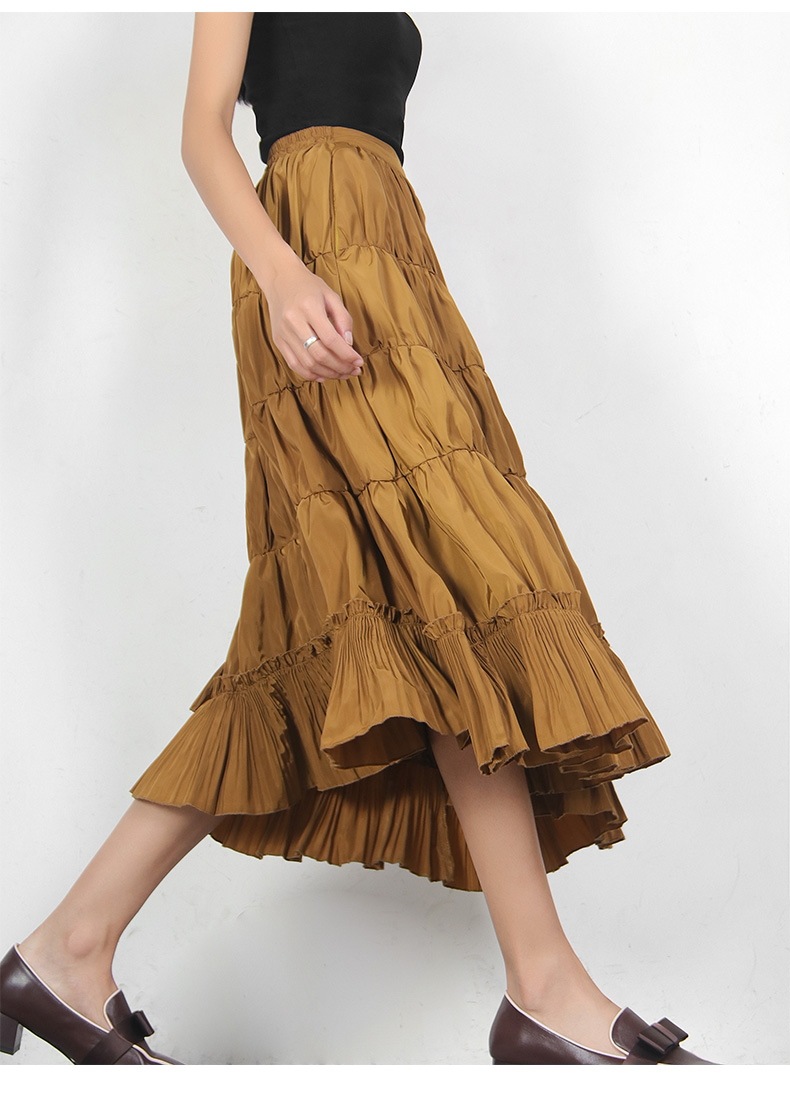 スカート レディース ミドル丈スカート 大きいサイズ ミドル丈 無地 カーキ ふんわり フリル ファッション 春 秋 スプリング オータム 着やせ 美脚 ハイウエスト Aラインスカート ボトムス エレ