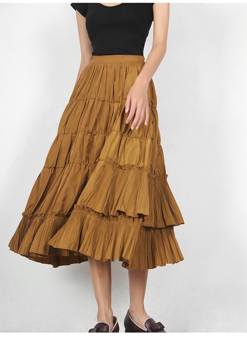 スカート レディース ミドル丈スカート 大きいサイズ ミドル丈 無地 カーキ ふんわり フリル ファッション 春 秋 スプリング オータム 着やせ 美脚 ハイウエスト Aラインスカート ボトムス エレ
