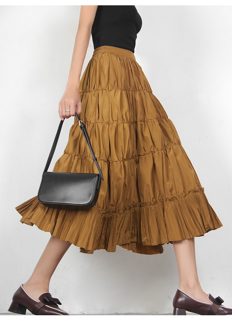 スカート レディース ミドル丈スカート 大きいサイズ ミドル丈 無地 カーキ ふんわり フリル ファッション 春 秋 スプリング オータム 着やせ 美脚 ハイウエスト Aラインスカート ボトムス エレ