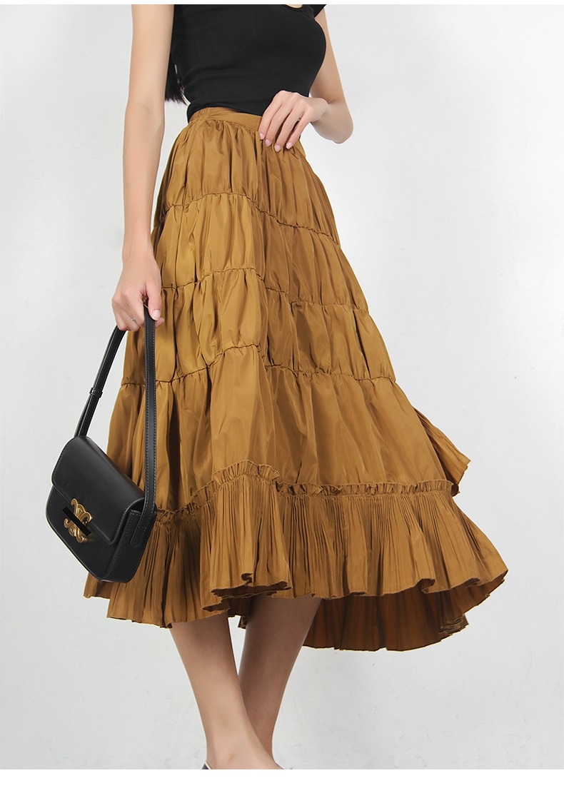 スカート レディース ミドル丈スカート 大きいサイズ ミドル丈 無地 カーキ ふんわり フリル ファッション 春 秋 スプリング オータム 着やせ 美脚 ハイウエスト Aラインスカート ボトムス エレ