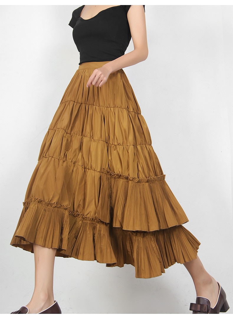 スカート レディース ミドル丈スカート 大きいサイズ ミドル丈 無地 カーキ ふんわり フリル ファッション 春 秋 スプリング オータム 着やせ 美脚 ハイウエスト Aラインスカート ボトムス エレ