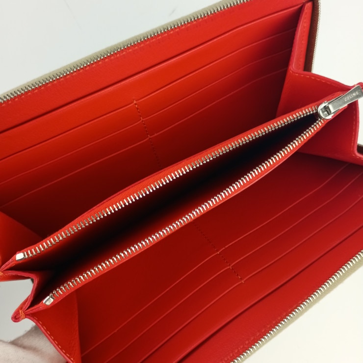 超美品 CELINE セリーヌ 長財布 ラージ ジップドウォレット - ベージュ系 オレンジレッド系 シルバー金具 レザー レディース バイカラー ラウンドファスナー【本物保証】 超美品 CELINE セリーヌ 長財布 ラージ ジップドウォレット - ベージュ系 オレンジレッド系 シルバー金具 レザー レディース バイカラー ラウンドファスナー【本物保証】