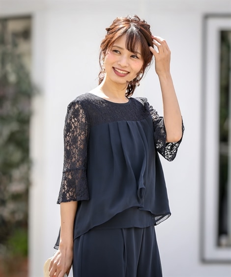 レディース ドレス 結婚式 二次会 レース切替ブラウス+ワイドパンツセットアップドレス グリーン ブラック　ネイビー　S M L LL 3L 4L 5L 6L 8L