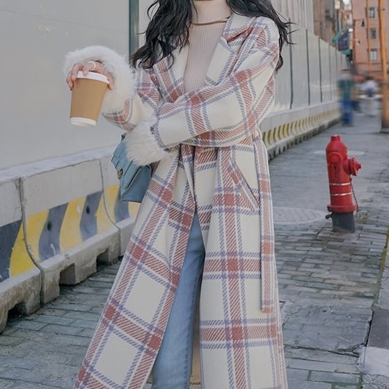 コート レディース アウター チェック コクーンシルエット ドロップショルダー フェイクファー Aライン パフスリーブ 裏地 韓国風 幾何学模様 ロング丈 軽い 軽量 フード付き 冬服 厚手 コート レディース アウター チェック コクーンシルエット ドロップ