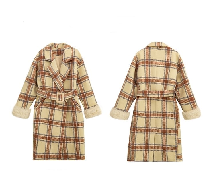 コート レディース アウター チェック コクーンシルエット ドロップショルダー フェイクファー Aライン パフスリーブ 裏地 韓国風 幾何学模様 ロング丈 軽い 軽量 フード付き 冬服 厚手 コート レディース アウター チェック コクーンシルエット ドロップ