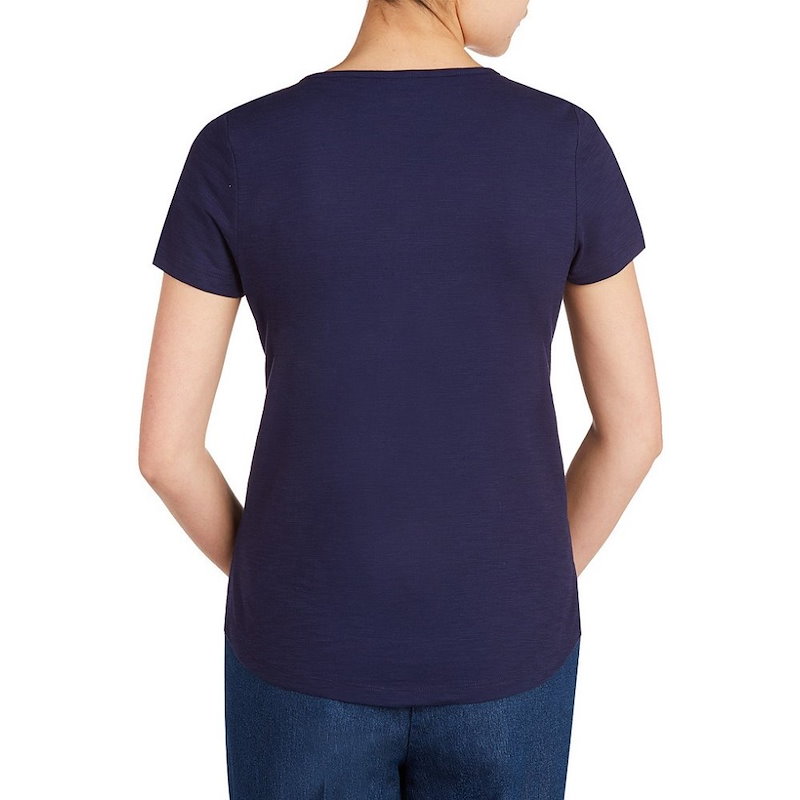 アリソン デイリー レディース トップス【Allison Daley Embroidered Notch Neck Short Sleeve Knit Top】Navy アリソン デイリー レディース トップス【Allison Daley Embroidered Notch Neck Short Sleeve Knit Top】Navy