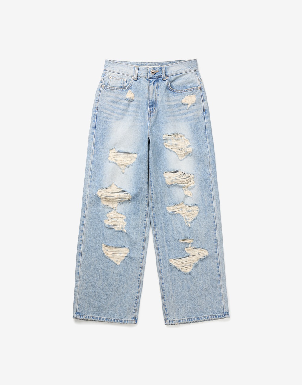 DAMAGE WIDE DENIM PANTS - LIGHT BLUE