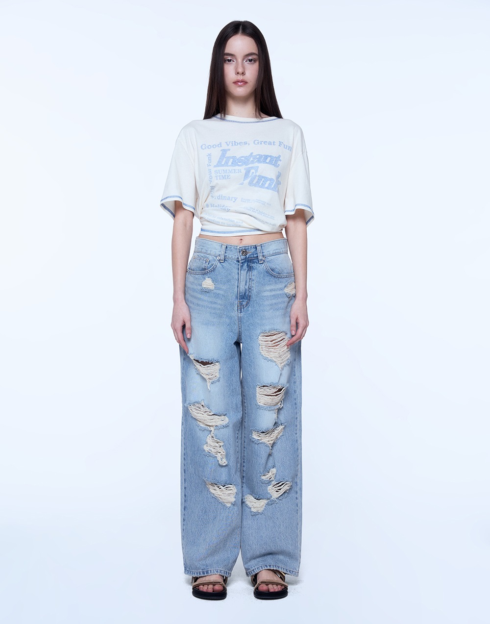 DAMAGE WIDE DENIM PANTS - LIGHT BLUE
