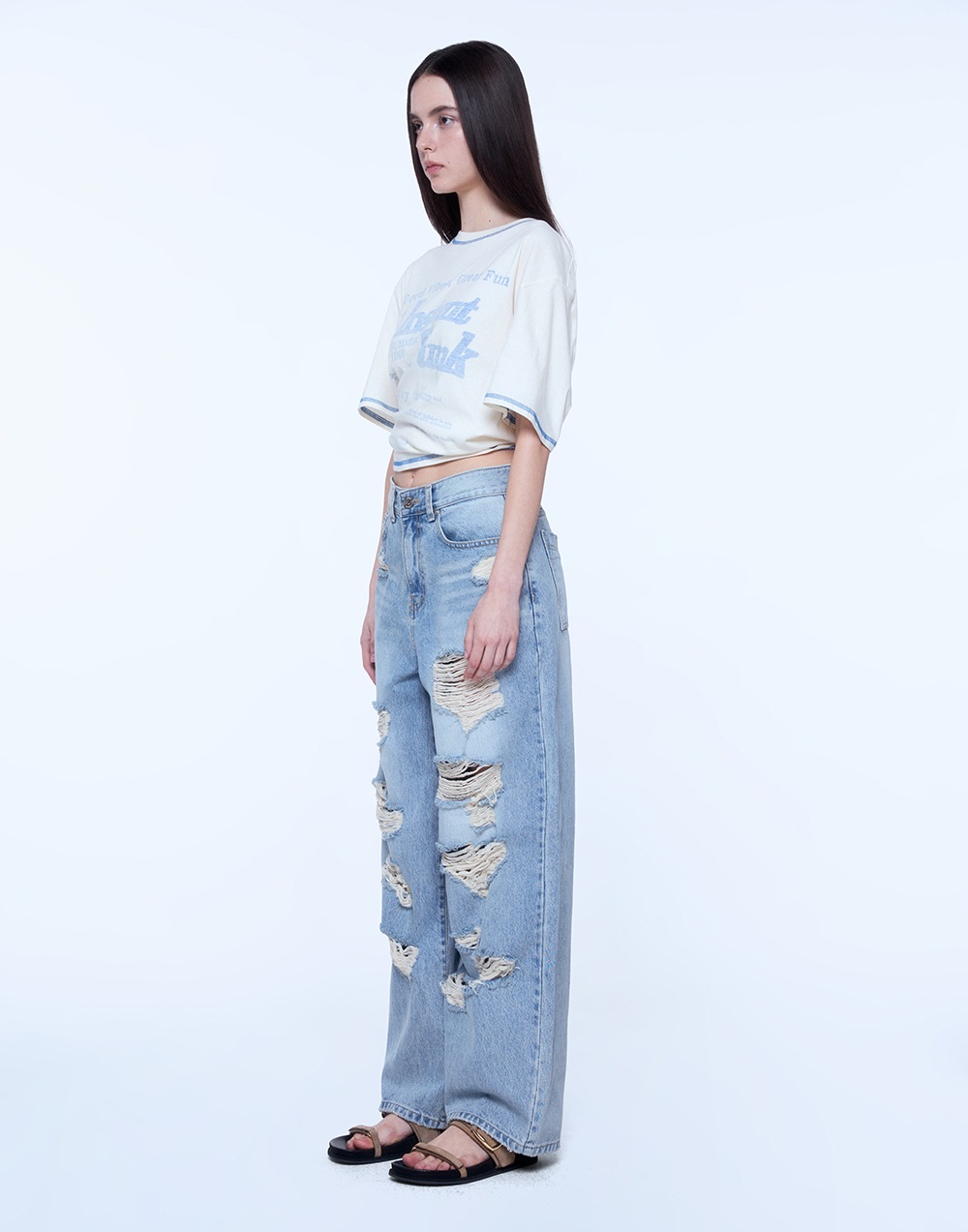 DAMAGE WIDE DENIM PANTS - LIGHT BLUE