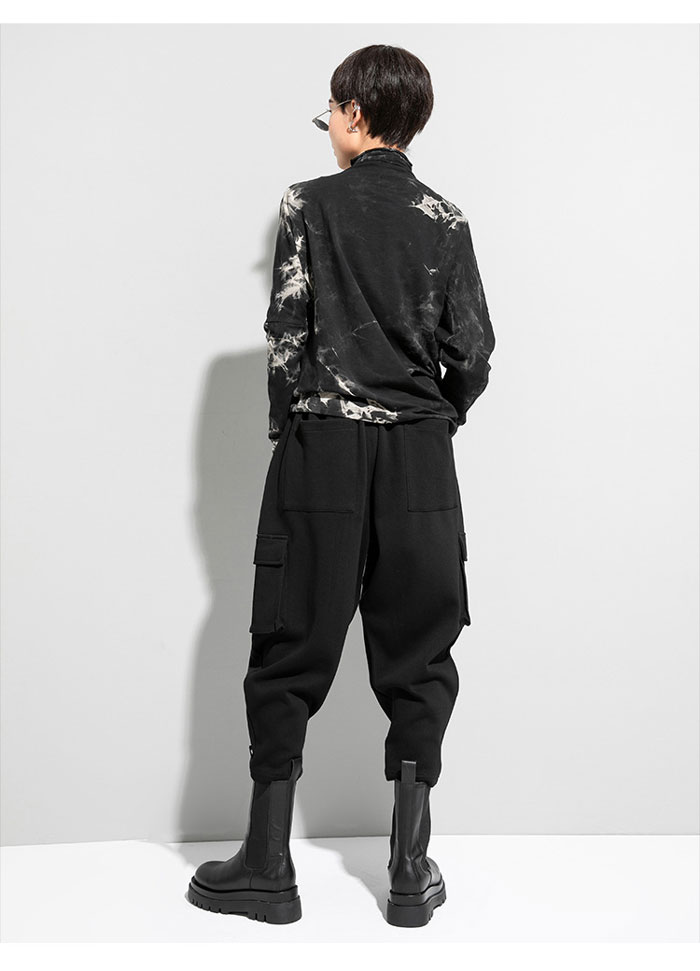 レディース アシンメトリー カットソー トップスハイネック長袖バットスリーブジッパーデザインタイダイユニークファッショナブルコットン春秋 パーティー ゆったり 長袖