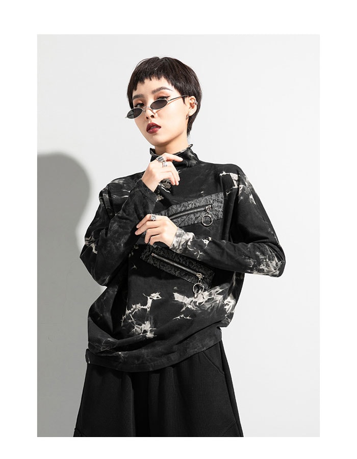 レディース アシンメトリー カットソー トップスハイネック長袖バットスリーブジッパーデザインタイダイユニークファッショナブルコットン春秋 パーティー ゆったり 長袖