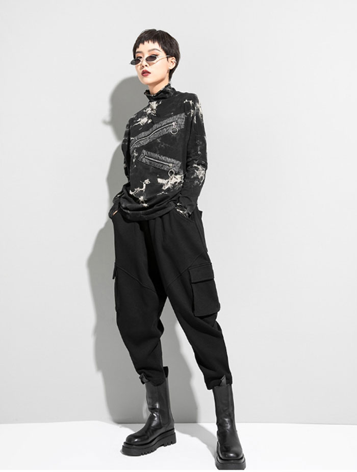 レディース アシンメトリー カットソー トップスハイネック長袖バットスリーブジッパーデザインタイダイユニークファッショナブルコットン春秋 パーティー ゆったり 長袖