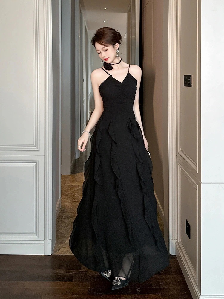 【mianbaoshu】 2025夏新品 Vネック バックレス フリル 着痩せ ロング シフォン キャミワンピース ドレス パーティー キャバ 大人 同窓会 披露宴 卒業式 結婚式 演奏会 ウェディン