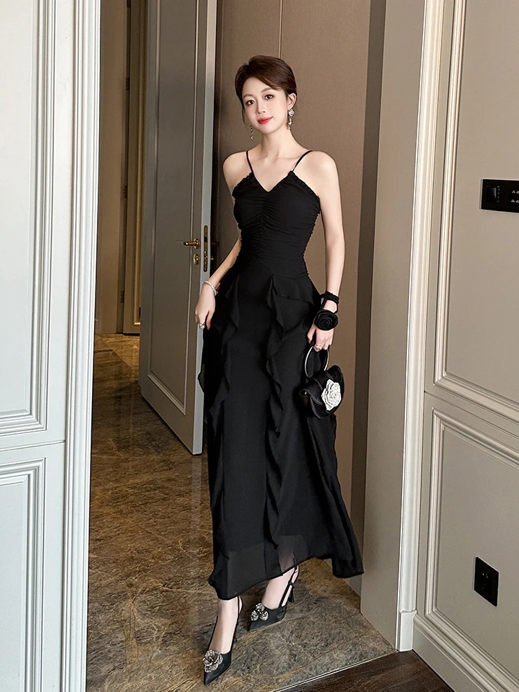 【mianbaoshu】 2025夏新品 Vネック バックレス フリル 着痩せ ロング シフォン キャミワンピース ドレス パーティー キャバ 大人 同窓会 披露宴 卒業式 結婚式 演奏会 ウェディン