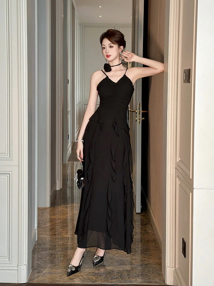 【mianbaoshu】 2025夏新品 Vネック バックレス フリル 着痩せ ロング シフォン キャミワンピース ドレス パーティー キャバ 大人 同窓会 披露宴 卒業式 結婚式 演奏会 ウェディン