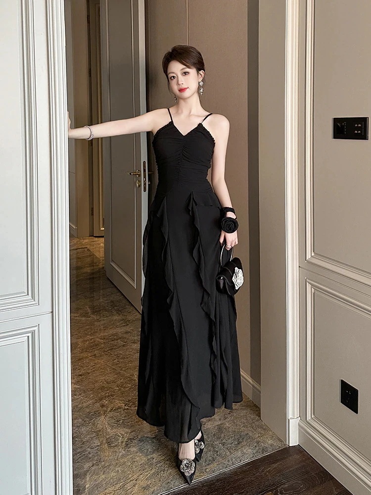 【mianbaoshu】 2025夏新品 Vネック バックレス フリル 着痩せ ロング シフォン キャミワンピース ドレス パーティー キャバ 大人 同窓会 披露宴 卒業式 結婚式 演奏会 ウェディン