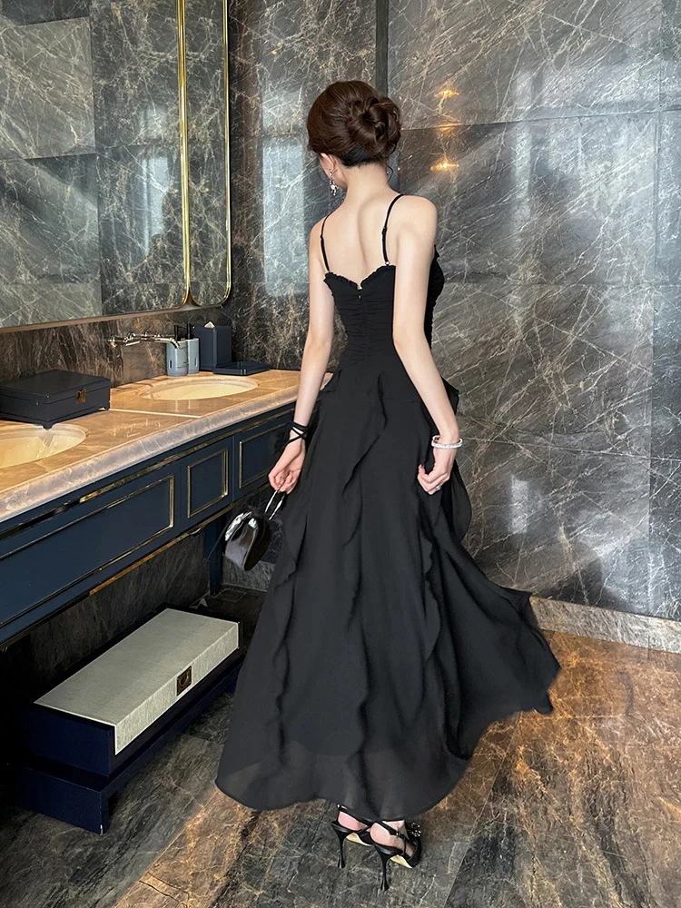 【mianbaoshu】 2025夏新品 Vネック バックレス フリル 着痩せ ロング シフォン キャミワンピース ドレス パーティー キャバ 大人 同窓会 披露宴 卒業式 結婚式 演奏会 ウェディン