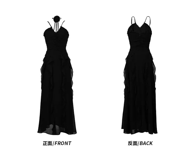 【mianbaoshu】 2025夏新品 Vネック バックレス フリル 着痩せ ロング シフォン キャミワンピース ドレス パーティー キャバ 大人 同窓会 披露宴 卒業式 結婚式 演奏会 ウェディン