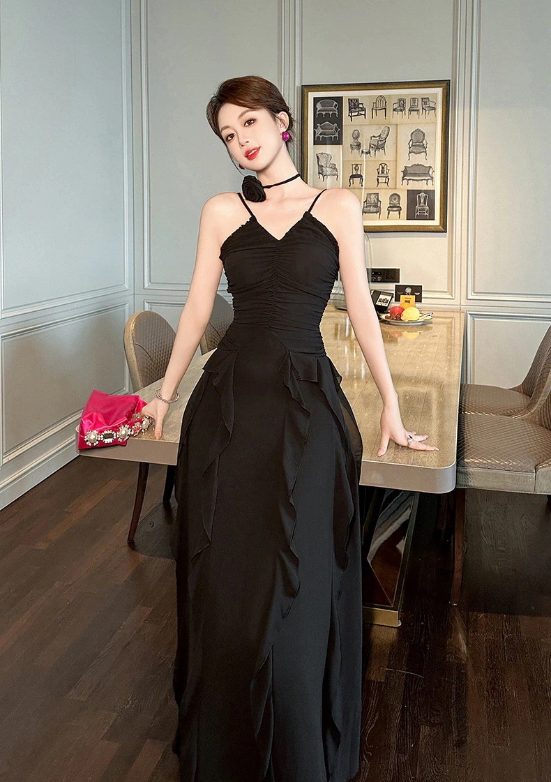 【mianbaoshu】 2025夏新品 Vネック バックレス フリル 着痩せ ロング シフォン キャミワンピース ドレス パーティー キャバ 大人 同窓会 披露宴 卒業式 結婚式 演奏会 ウェディン