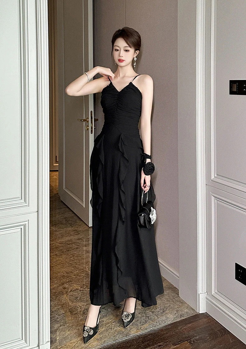 【mianbaoshu】 2025夏新品 Vネック バックレス フリル 着痩せ ロング シフォン キャミワンピース ドレス パーティー キャバ 大人 同窓会 披露宴 卒業式 結婚式 演奏会 ウェディン