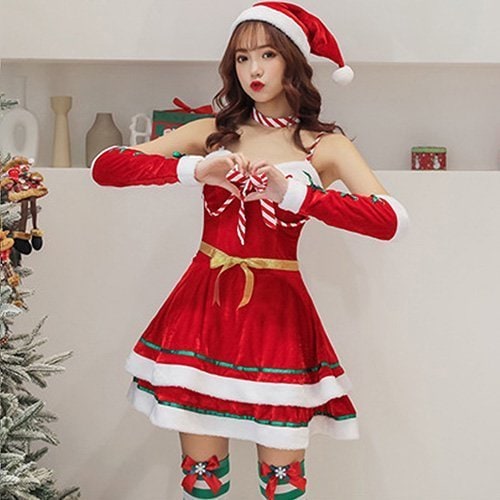 501コスプレ コスチューム サンタガール風 ガーリー キュート カラーリング ティアード ファスナー ふんわり ベアトップ リボン ミニ丈 レッド M GRAXIA グラシア