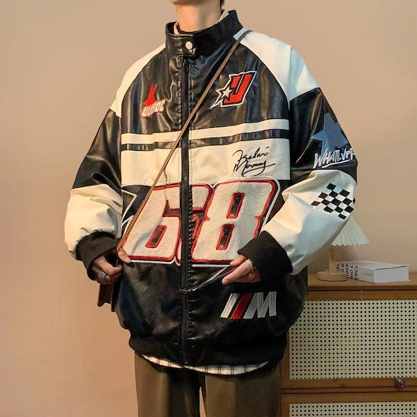 スタジャン ジャケット フェイクレザー ストリート系 原宿系　ユニセックス　茶 | [ジャング] レザージャケット フェイクレザー ジャンパー