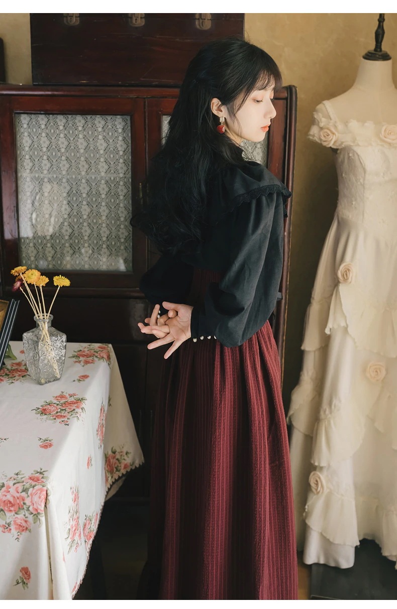 エレガントクラシカル黒ブラウスとロングスカートのセットアップ カジュアル 上下セット フルジップ