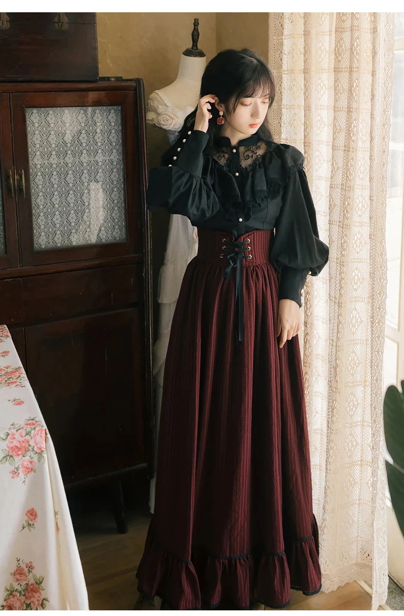 エレガントクラシカル黒ブラウスとロングスカートのセットアップ カジュアル 上下セット フルジップ