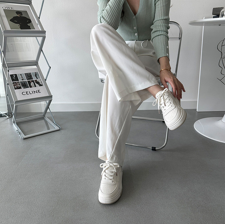 スニーカー 靴ヒモ レースアップ 厚底 レディース 白 スリッポン