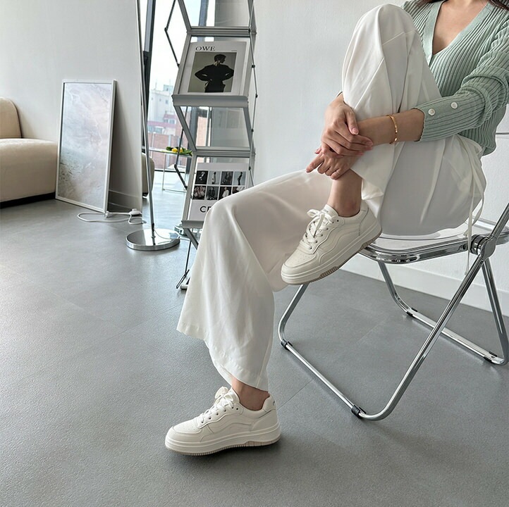 スニーカー 靴ヒモ レースアップ 厚底 レディース 白 スリッポン