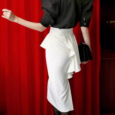 レディース スカート ミモレ タイト スリム 細身 アシンメトリー フォーマル フェミニン レース フリル リボン スリット ファスナー ハイウエスト コンサバ きれいめ 上品 おしゃれ かっこいい