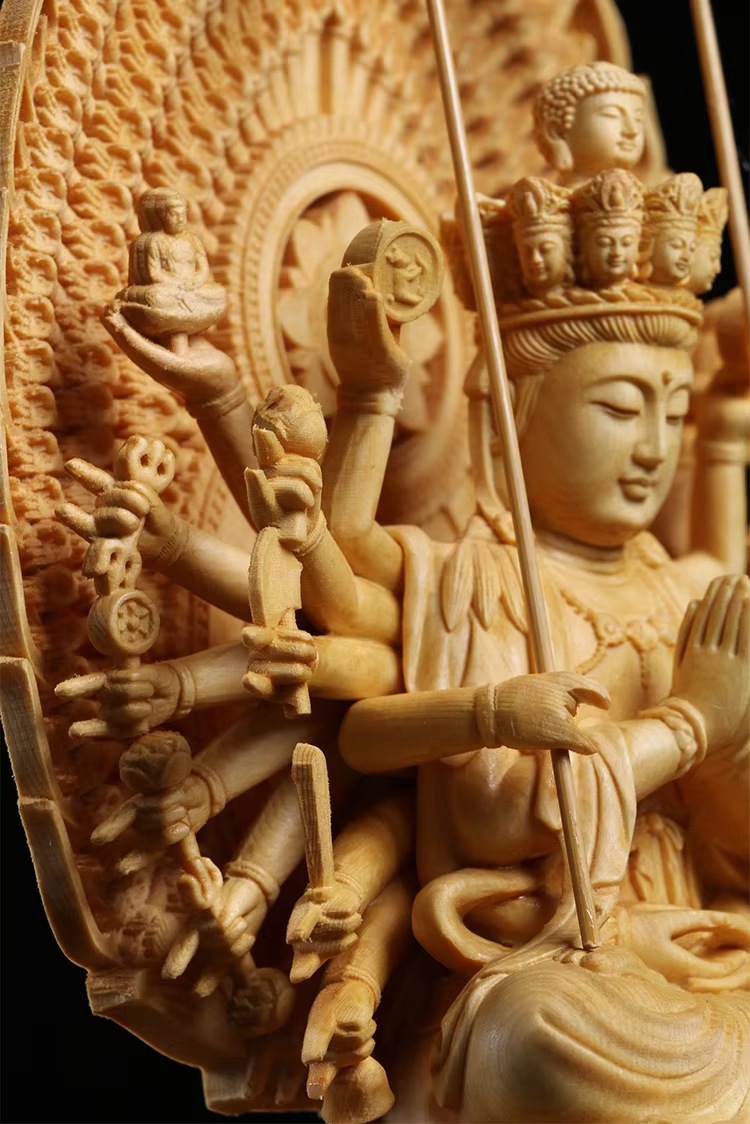 手作り千手観音 仏像 蓮華座付き 木製 日本風 優雅な仏像 装飾 手作り千手観音 仏像 蓮華座付き 木製 日本風 優雅な仏像 装飾