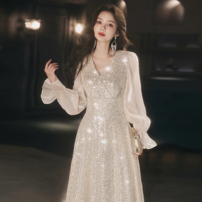 ワンピースドレスドレスハイエンドの気質を持つ女性のためのシャンパンカラースパンコールドレススーパーバンケットホストロングスカート ワンピースドレスドレスハイエンドの気質を持つ女性のためのシャンパンカラースパンコールドレススーパーバンケットホストロングスカート