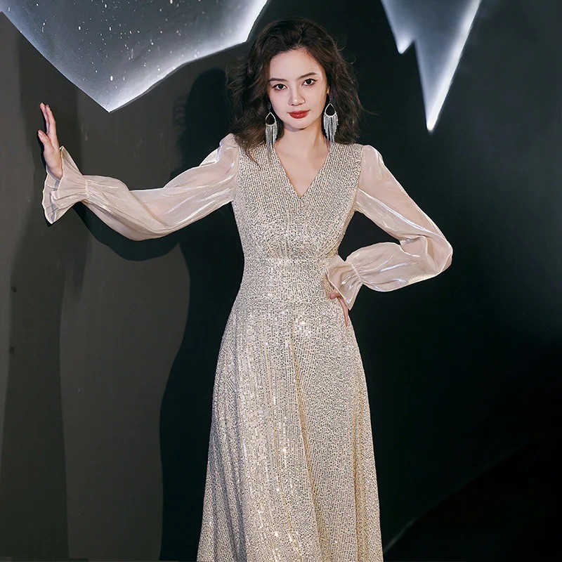 ワンピースドレスドレスハイエンドの気質を持つ女性のためのシャンパンカラースパンコールドレススーパーバンケットホストロングスカート ワンピースドレスドレスハイエンドの気質を持つ女性のためのシャンパンカラースパンコールドレススーパーバンケットホストロングスカート