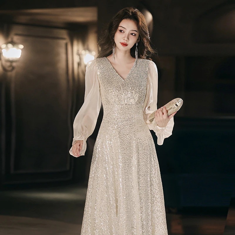 ワンピースドレスドレスハイエンドの気質を持つ女性のためのシャンパンカラースパンコールドレススーパーバンケットホストロングスカート ワンピースドレスドレスハイエンドの気質を持つ女性のためのシャンパンカラースパンコールドレススーパーバンケットホストロングスカート