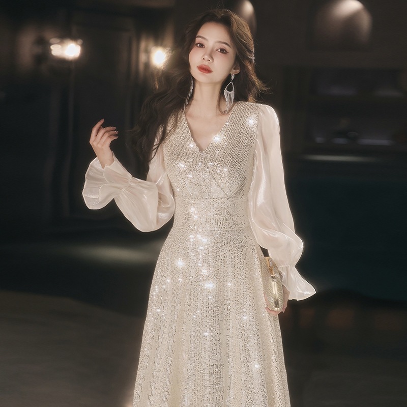 ワンピースドレスドレスハイエンドの気質を持つ女性のためのシャンパンカラースパンコールドレススーパーバンケットホストロングスカート ワンピースドレスドレスハイエンドの気質を持つ女性のためのシャンパンカラースパンコールドレススーパーバンケットホストロングスカート