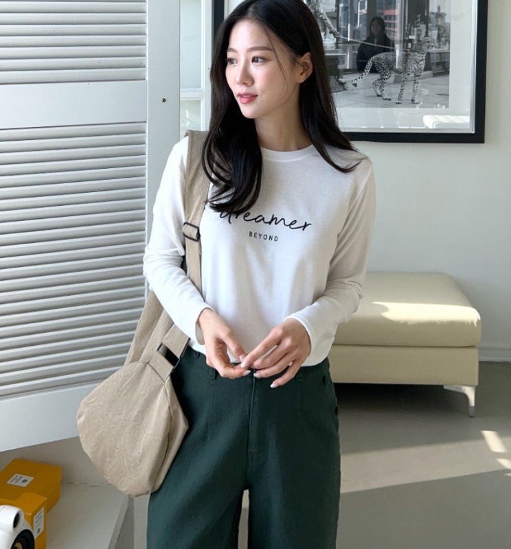 シンプルTシャツ カジュアル長袖シャツ ロゴ入りシャツ トップス Tシャツ シャツ プルオーバー 白シャツ 袖あり 長袖 萌袖 Uネック ラウンドネック ストレート シンプルTシャツ カジュアル長袖シャツ ロゴ入りシャツ トップス