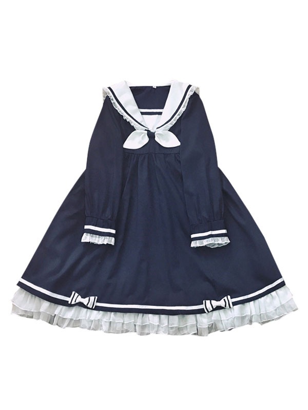 【短納期】セーラーロリータOPワンピースドレスロングスリーブフリル弓セーラーカラー二トーンダークネイビーロリータドレス 【短納期】セーラーロリータOPワンピースドレスロングスリーブフリル弓セーラーカラー二トーンダークネイビーロリータドレス