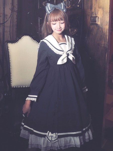 【短納期】セーラーロリータOPワンピースドレスロングスリーブフリル弓セーラーカラー二トーンダークネイビーロリータドレス 【短納期】セーラーロリータOPワンピースドレスロングスリーブフリル弓セーラーカラー二トーンダークネイビーロリータドレス