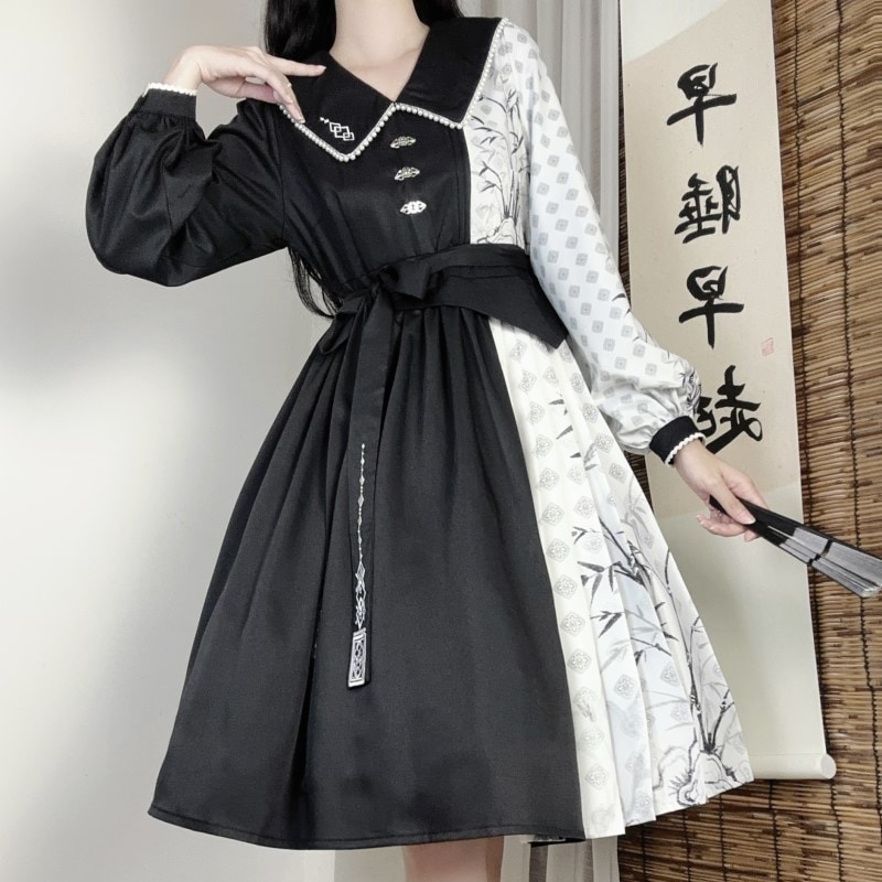 正規品デザイン墨竹白黒色合わせlolitacos要素新韓国ワンピース 正規品デザイン墨竹白黒色合わせlolitacos要素新韓国ワンピース