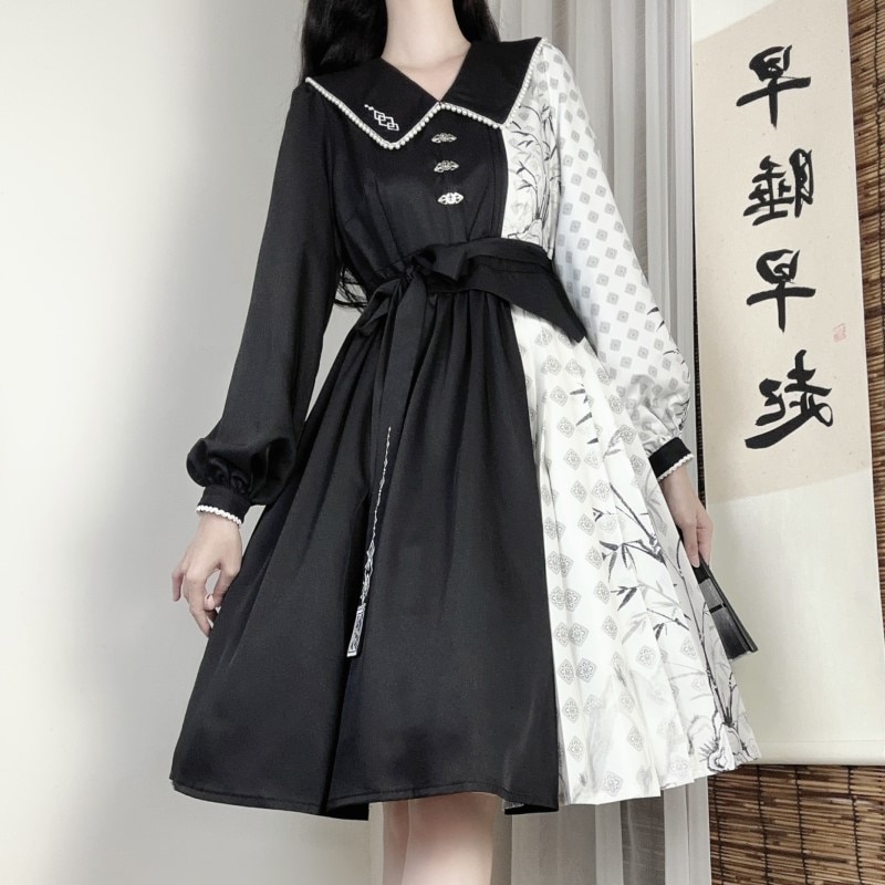 正規品デザイン墨竹白黒色合わせlolitacos要素新韓国ワンピース 正規品デザイン墨竹白黒色合わせlolitacos要素新韓国ワンピース